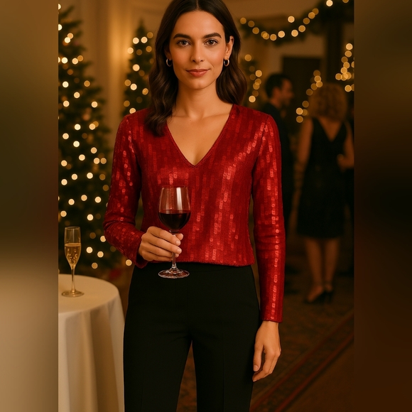 W by Worth New Vintage V Neck Silk Sequin Sweater TopSz L Sample Item